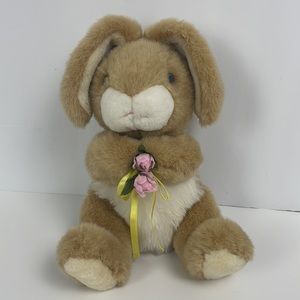 Vtg Lemonwood Tan Bunny Rabbit Plush Pink Roses Blue Eyes 10 in while sitting
